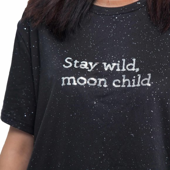 Silver Confetti TShirt, Sequins Relaxed Black Tee - Picture 1 of 7